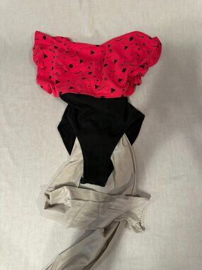 vintage aerobics one piece leotard size Med and shimmery light gray nylons